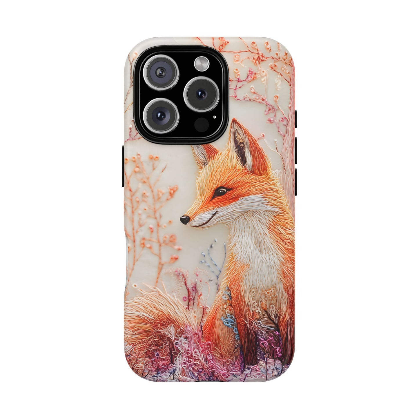 Threaded Creatures Embroidered Fox_1 Customizable Tough Phone Case for iPhone 16, 15 Pro Max, Samsung S24 Ultra, Pixel 7 & more