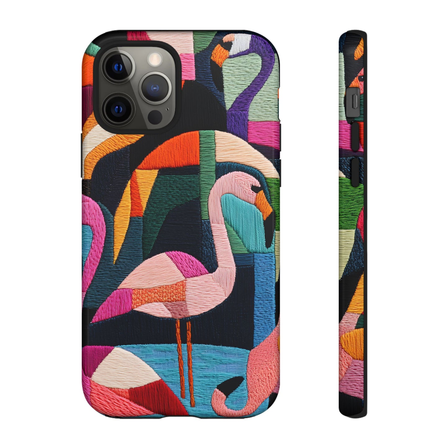 Threaded Creatures Embroidered Flamingos_1 Customizable Tough Phone Case for iPhone 16, 15 Pro Max, Samsung S24 Ultra, Pixel 7 & more