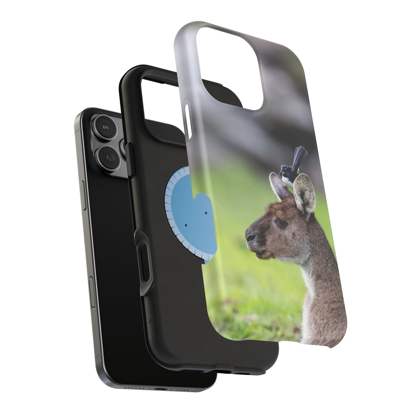 Willie Wagtail + Western Grey Kangaroo - Magnetic Impact-Resistant Case - Fono Caso x EstebantheNatureman - Gift for Bird Lovers