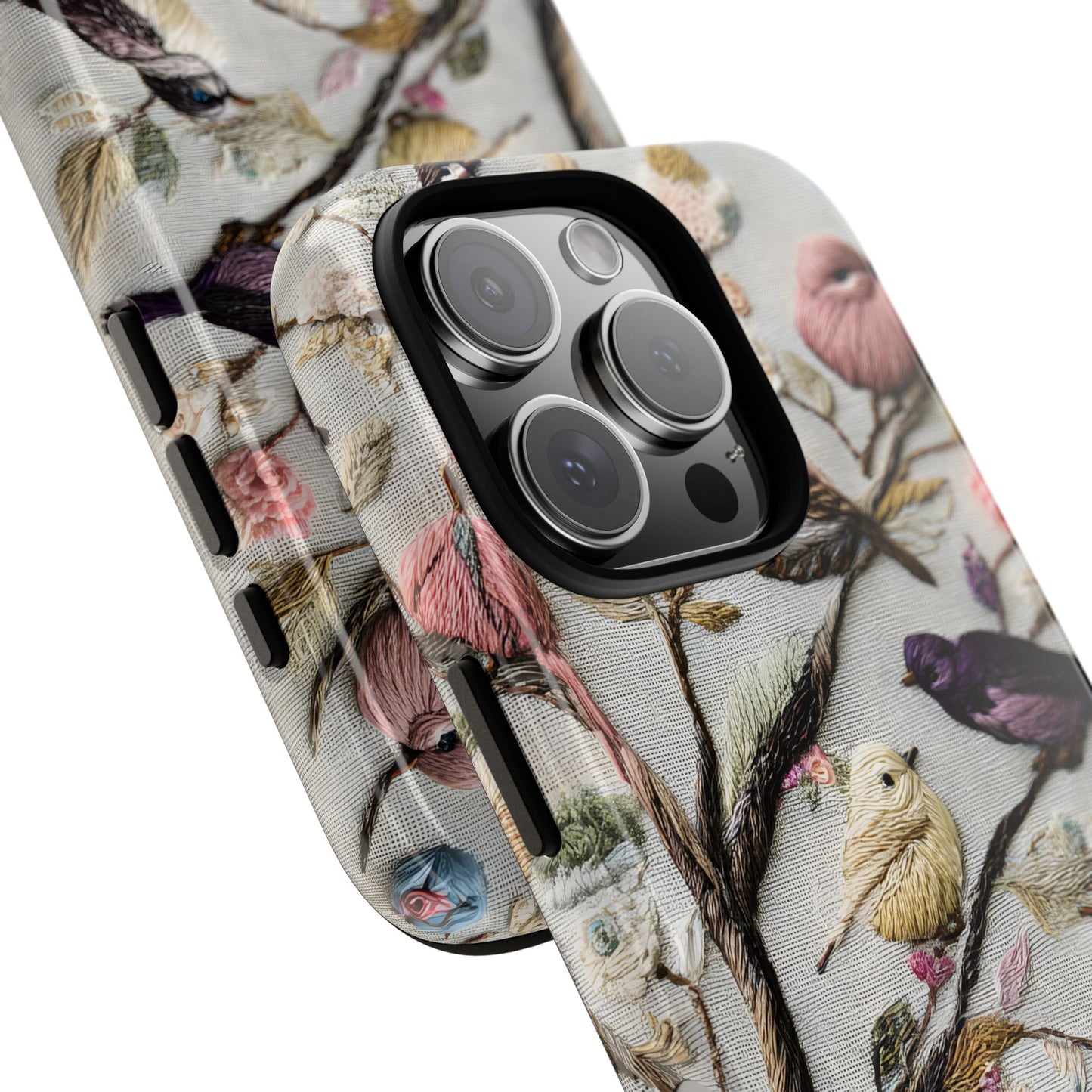 Threaded Creatures Embroidered Birds_4 Customizable Tough Phone Case for iPhone 16, 15 Pro Max, Samsung S24 Ultra, Pixel 7 & more