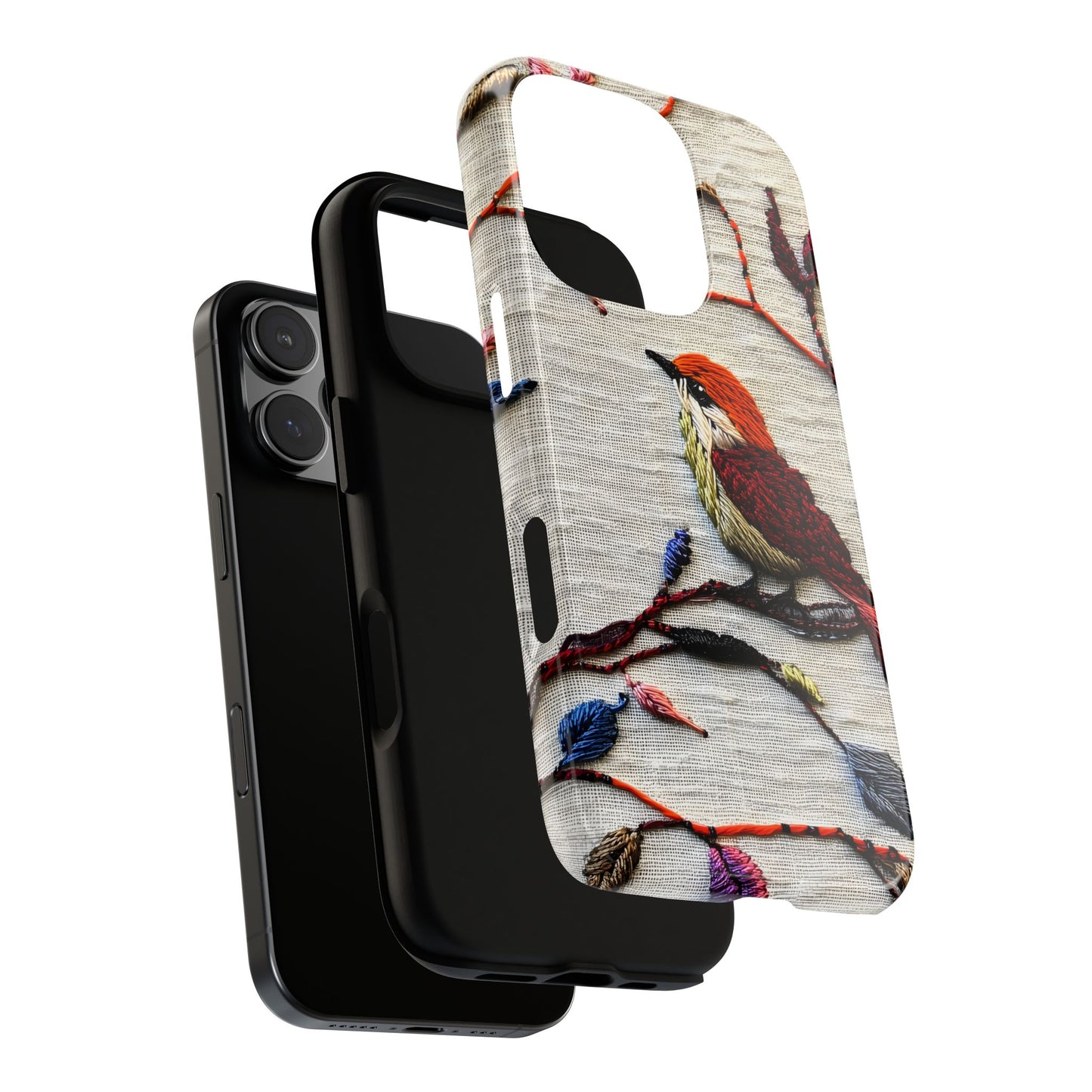Threaded Creatures Embroidered Birds_3 Customizable Tough Phone Case for iPhone 16, 15 Pro Max, Samsung S24 Ultra, Pixel 7 & more