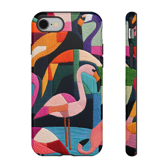 Threaded Creatures Embroidered Flamingos_1 Customizable Tough Phone Case for iPhone 16, 15 Pro Max, Samsung S24 Ultra, Pixel 7 & more