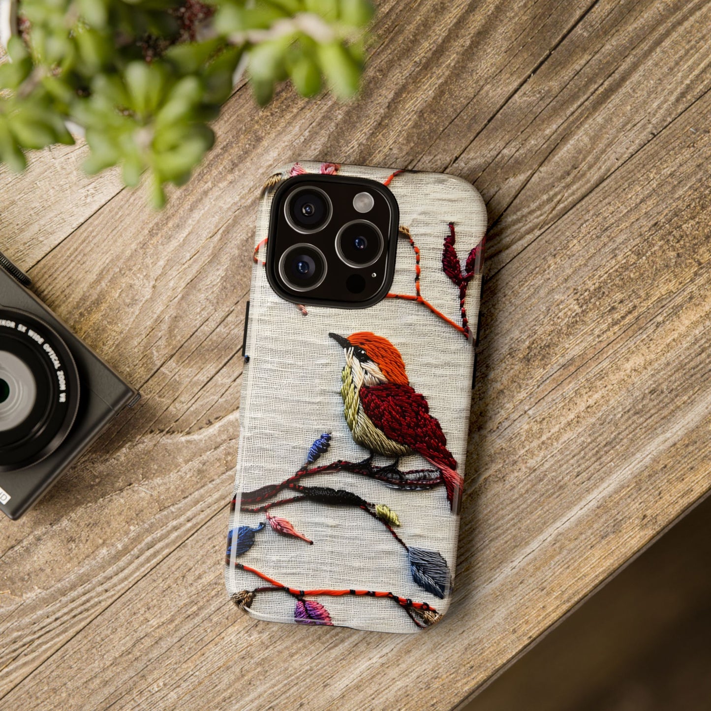 Threaded Creatures Embroidered Birds_3 Customizable Tough Phone Case for iPhone 16, 15 Pro Max, Samsung S24 Ultra, Pixel 7 & more