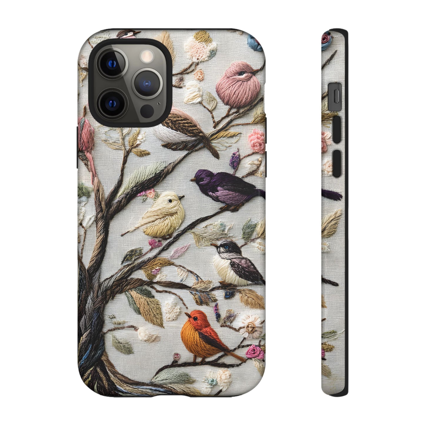 Threaded Creatures Embroidered Birds_4 Customizable Tough Phone Case for iPhone 16, 15 Pro Max, Samsung S24 Ultra, Pixel 7 & more