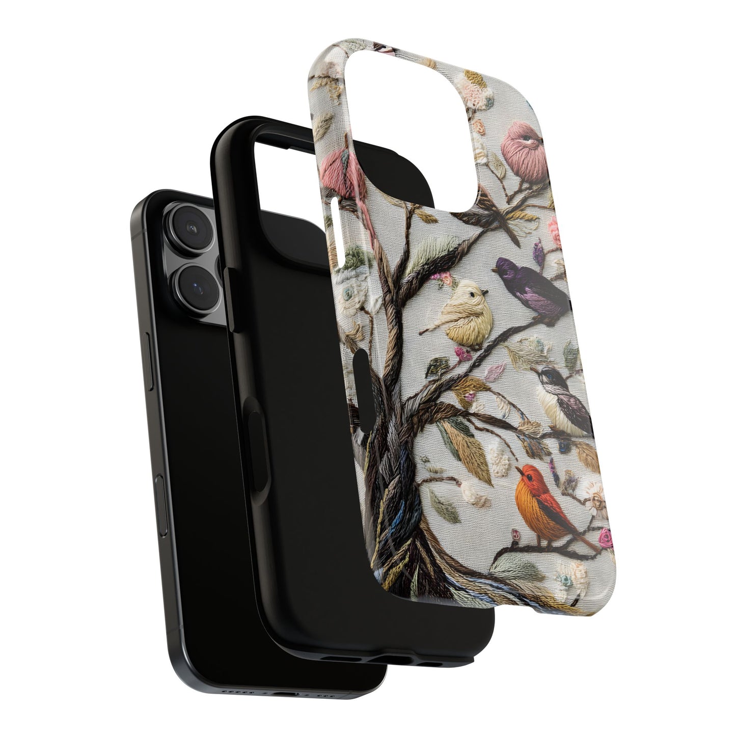 Threaded Creatures Embroidered Birds_4 Customizable Tough Phone Case for iPhone 16, 15 Pro Max, Samsung S24 Ultra, Pixel 7 & more