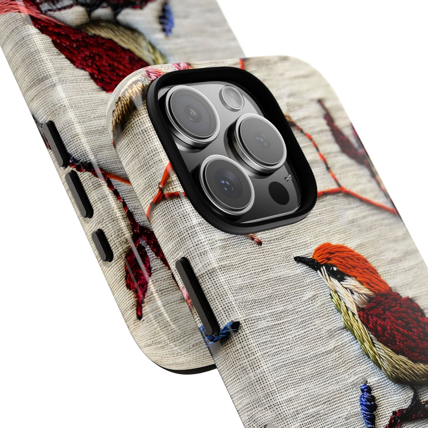 Threaded Creatures Embroidered Birds_3 Customizable Tough Phone Case for iPhone 16, 15 Pro Max, Samsung S24 Ultra, Pixel 7 & more