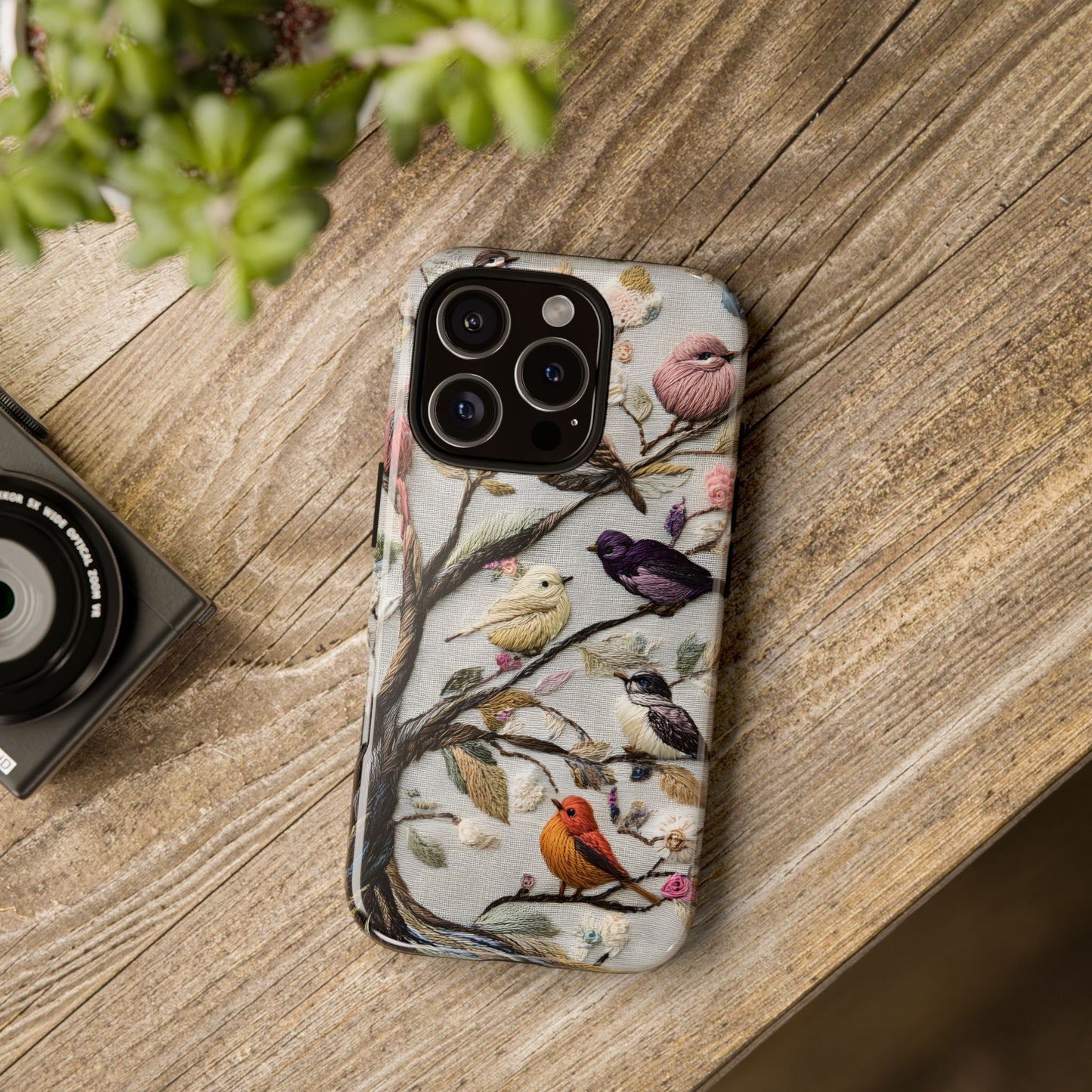 Threaded Creatures Embroidered Birds_4 Customizable Tough Phone Case for iPhone 16, 15 Pro Max, Samsung S24 Ultra, Pixel 7 & more