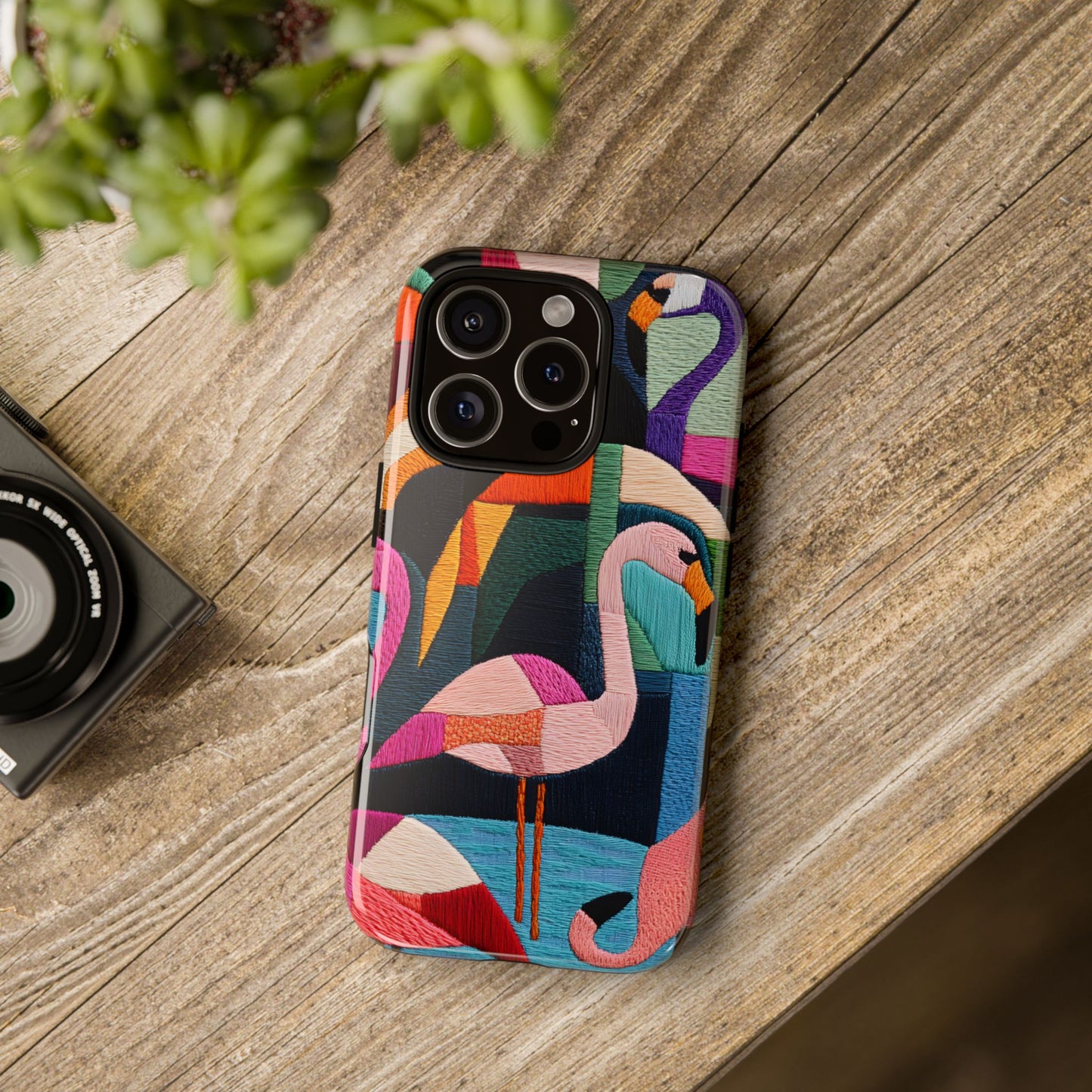 Threaded Creatures Embroidered Flamingos_1 Customizable Tough Phone Case for iPhone 16, 15 Pro Max, Samsung S24 Ultra, Pixel 7 & more
